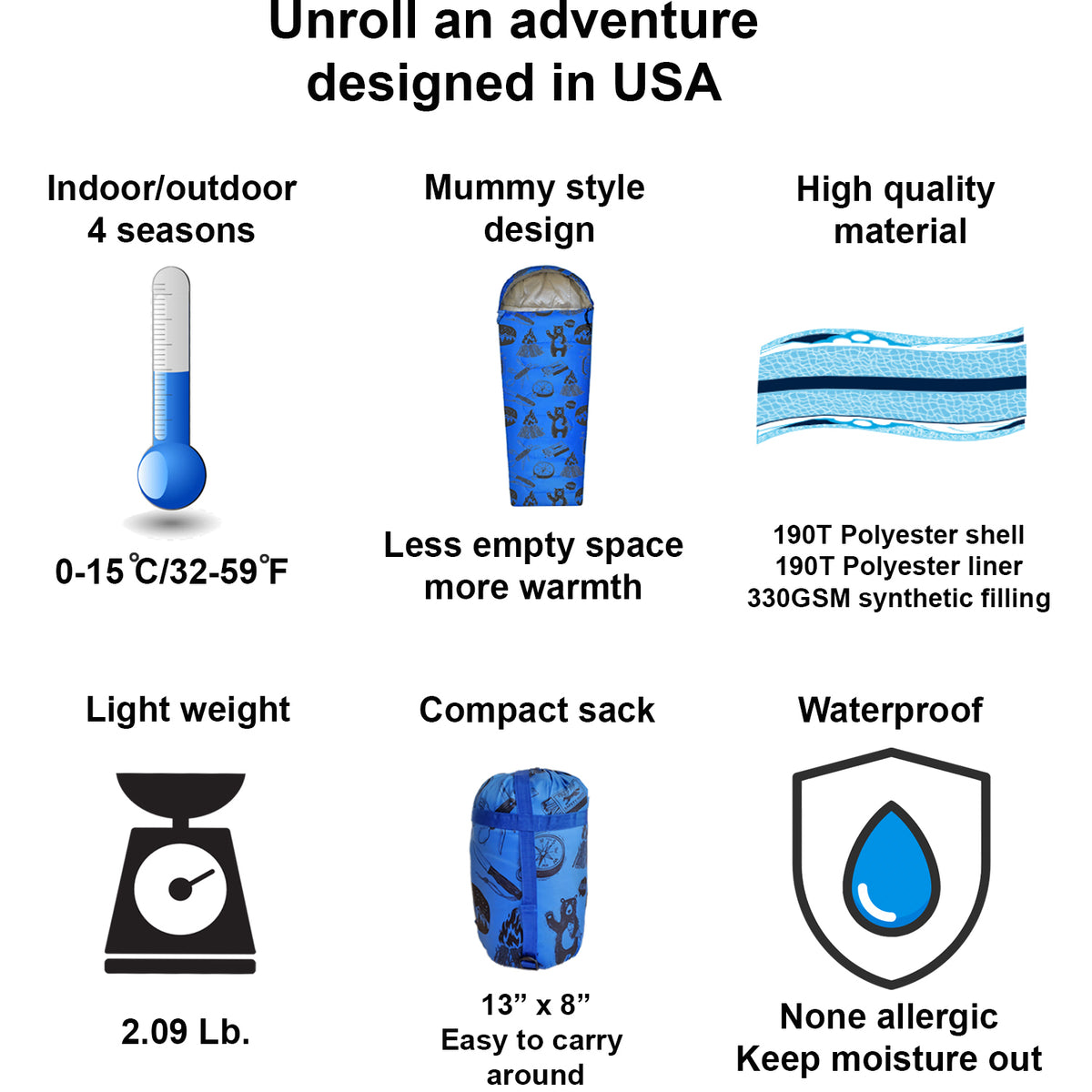 Adventure Theme 32F - 59F Youth Sleeping Bag with Pillow Sleeve
