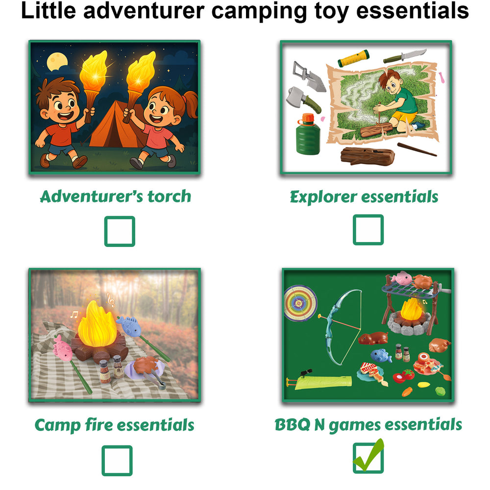 
                  
                    Kids camping toys essentials - campfire, BBQ grill set and arrow/bow game set
                  
                